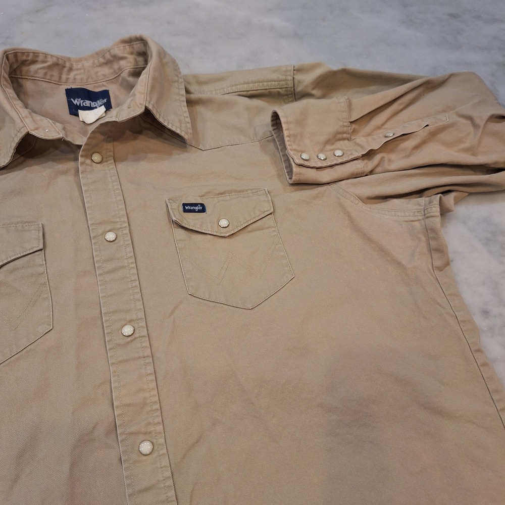 Vintage 90s Wrangler BrushPopper Western Snap Shirt Sz 18.5x37 (2XL) Khaki AS IS